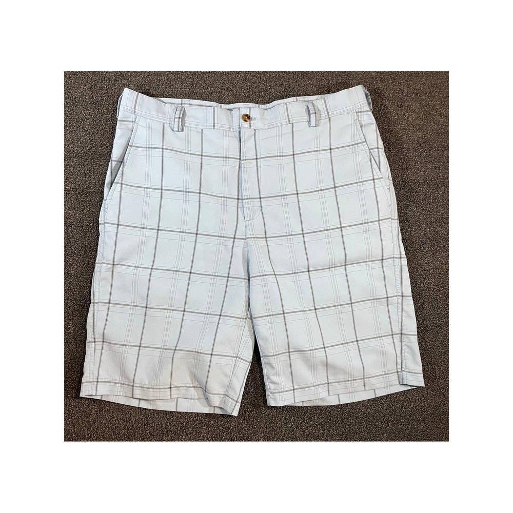 Ping Mens Plaid Flat Front Shorts Light Blue Grey Windowpane Size 42 Casual Golf